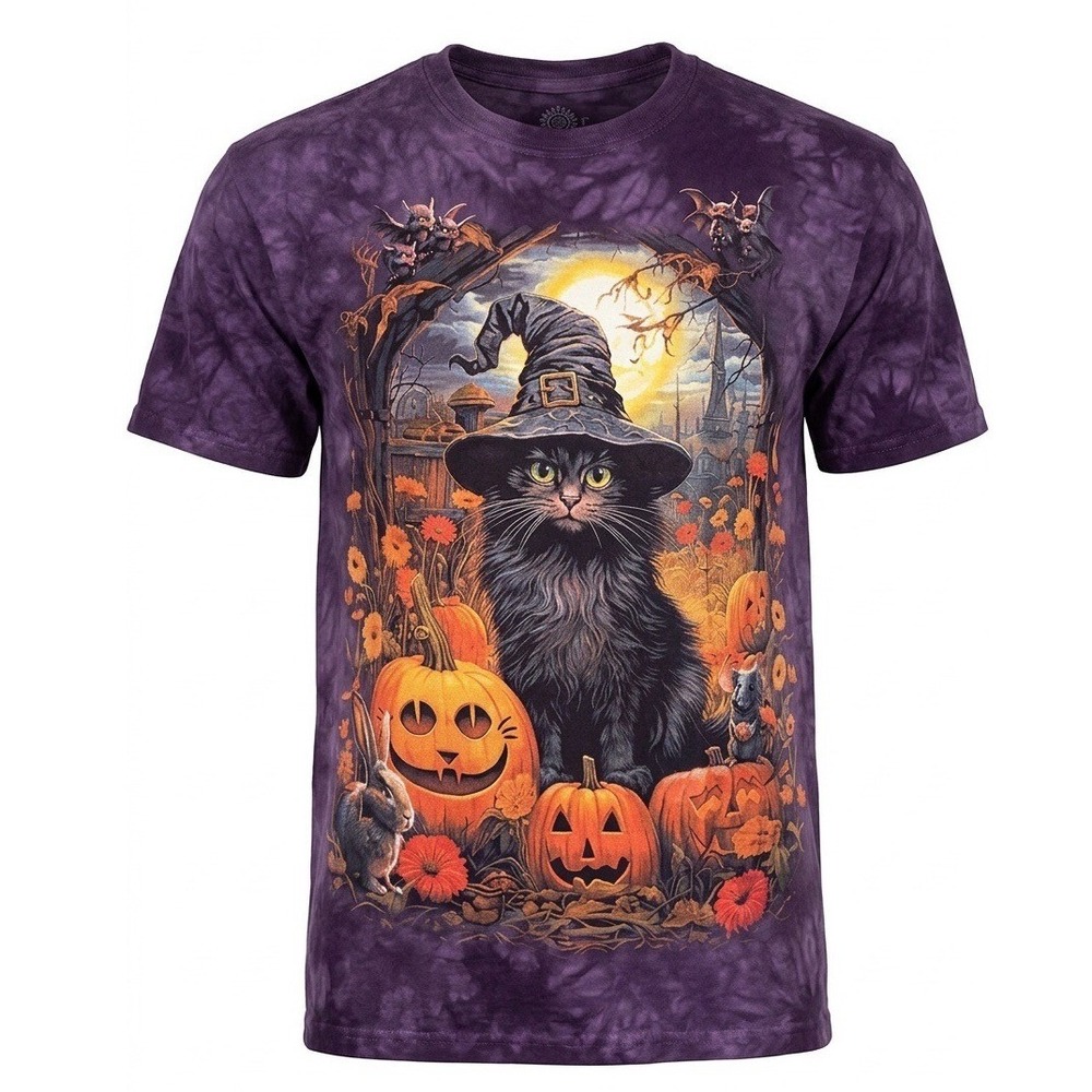 The Mountain Purple Tie Dye Black Cat Witch Hat Halloween Pumpkin T-Shirt Small